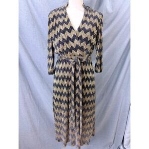 Alice + Olivia Katina Gold Black Metallic Chevron Faux Wrap Midi Dress Tie 4